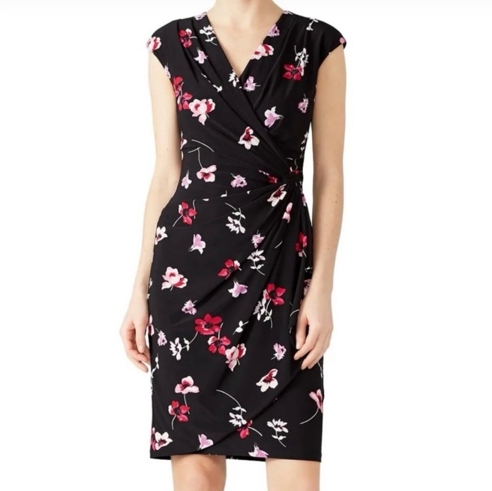 Lauren Ralph Lauren Floral Ruched "Rodya" Sheath Dress in Black/Pink- Sz. 10